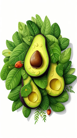 Avocado with leaf isolated on white background. Colorful realistic illustration. Generative AI artの素材
