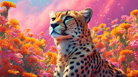Cheetah in field of wild flowers. Generative AI artの素材