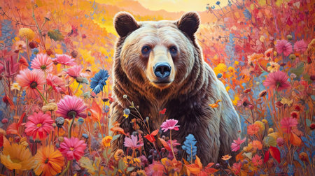 Brown bear in field of wild flowers. Generative AI artの素材