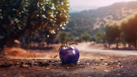 Plum fresh fruit in the landscape background. Generative AI artの素材