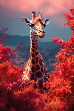 Giraffe in nature at mountain valley. Generative AI artの素材
