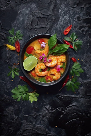 Curry meal on black stone surface background. Generative AI artの素材