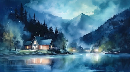 Mountains in fog with beautiful house and church at night in summer. Colorful watercolor painting illustration. Generative AI artの素材