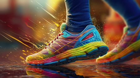 Athlete runner feet running, closeup on shoe. Colorful realistic illustration. Generative AI artの素材