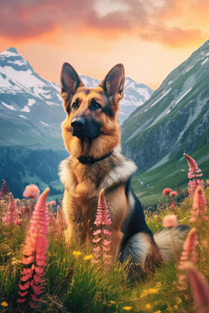 German Shepherd Dog in nature at mountain valley. Generative AI artの素材