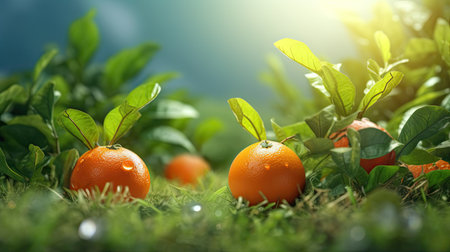Orange fresh fruit in the landscape background. Generative AI artの素材