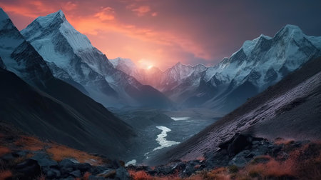 Twilight sky over mount Everest. Travel and camping mountain. Colorful realistic illustration. Generative AI artの素材