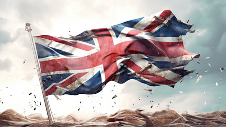 Flag of United Kingdom waving in the wind on flagpole. Colorful realistic illustration. Generative AI artの素材