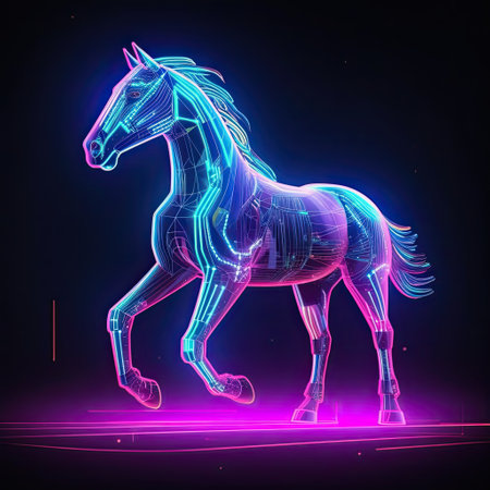 Cute Stallion horse animal in neon style. Portrait of glow light animal. Generative AI artの素材