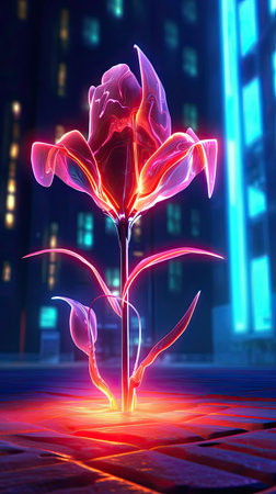 Neon light Daffodil blooming flower. Modern greeting card floral design with glow light flower. Generative AI artの素材