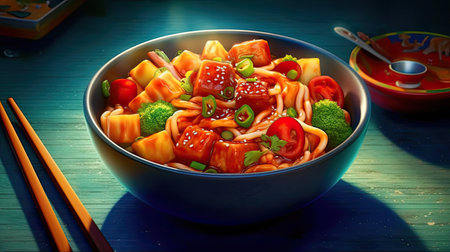 Tteokbokki tasty meal background. Delicious food. Generative AI artの素材