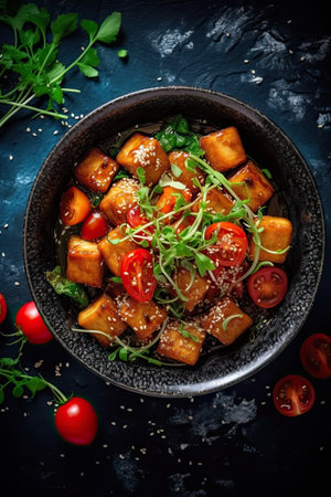 Teriyaki tofu vegetarian dish on black stone surface background. Generative AI artの素材