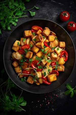 Tofu stir-fry vegetarian dish on black stone surface background. Generative AI artの素材