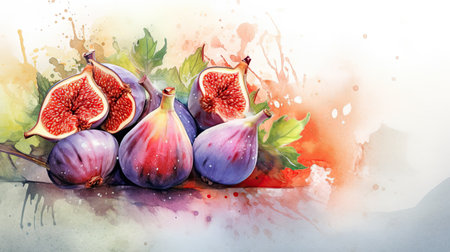 Watercolor style Fig fruit in colorful style illustration. Natural food painting art. Generative AI artの素材