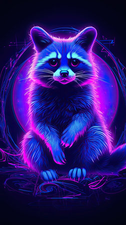 Neon light Raccoon animal on black background. Portrait of glow light animal. Generative AI artの素材