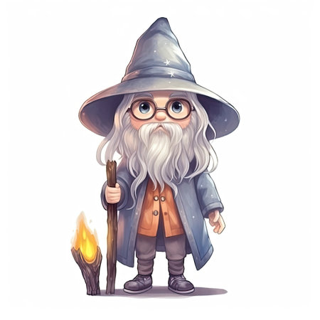 Cute Wizard character isolated on white background. Colorful painting illustration. Generative AI artの素材