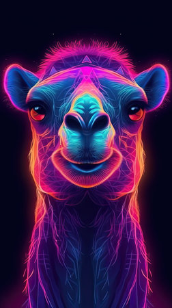 Neon light Camel animal on black background. Portrait of glow light animal. Generative AI artの素材