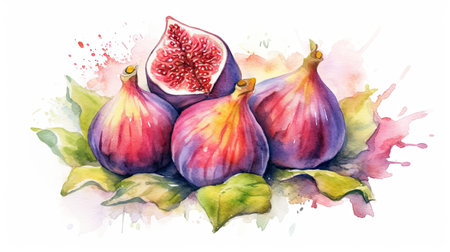 Watercolor style Fig fruit in colorful style illustration. Natural food painting art. Generative AI artの素材