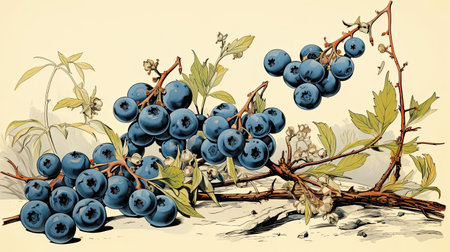 Blueberries fruits vintage art illustration. Natural eco food design. Generative AI artの素材
