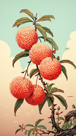 Lychees fruits vintage art illustration. Natural eco food design. Generative AI artの素材