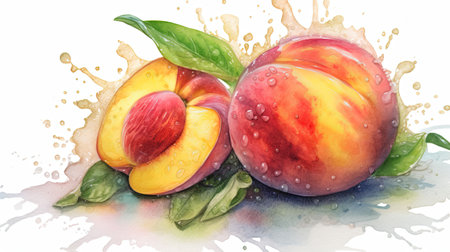 Watercolor style Peach fruit in colorful style illustration. Natural food painting art. Generative AI artの素材