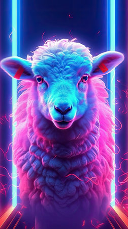Neon light Sheep animal on black background. Portrait of glow light animal. Generative AI artの素材