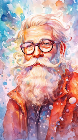 Watercolor art of Santa Claus with sunglasses character illustration. Christmas and New year holiday painting. Generative AI artの素材