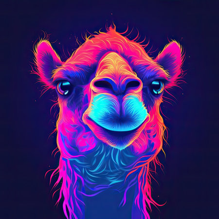 Cute Camel animal in neon style. Portrait of glow light animal. Generative AI artの素材