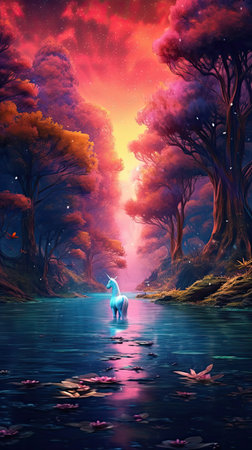 An ethereal moonlit night with a mystical unicorn drinking from a glowing lake. Colorful illustration art. Generative AI artの素材