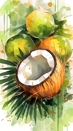 Watercolor style Coconut fruit in colorful style illustration. Natural food painting art. Generative AI artの素材
