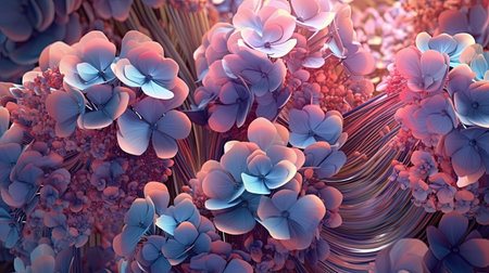 Hydrangea flowers in futuristic floral background. Beautiful blooming design. Generative AI artの素材