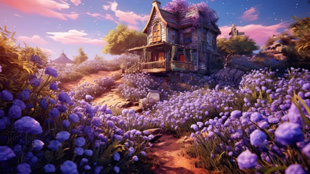 A quaint countryside cottage surrounded by blooming lavender fields. Colorful illustration art. Generative AI artの素材