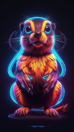 Neon light Chipmunk animal on black background. Portrait of glow light animal. Generative AI artの素材