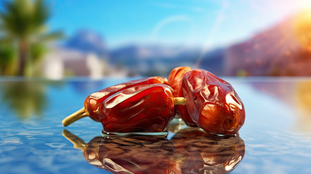 Fresh ripe Dates fruit illustration. Natural food colorful background. Generative AI artの素材