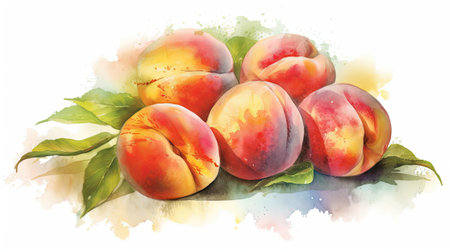 Watercolor style Peach fruit in colorful style illustration. Natural food painting art. Generative AI artの素材