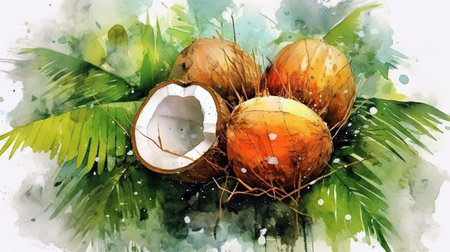 Watercolor style Coconut fruit in colorful style illustration. Natural food painting art. Generative AI artの素材