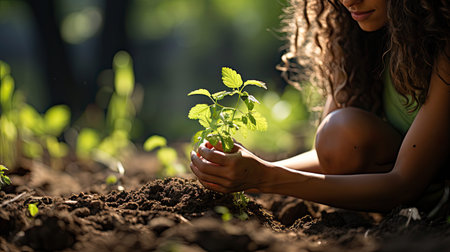 Unrecognizable woman holding a green seedling growing in soil. Anonymous female organic farmer protecting a young plant in her garden. Agriculture environment illustration. Generative AI artの素材