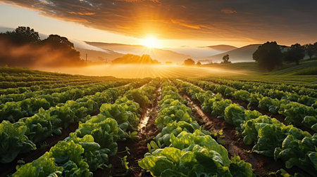 Orange sunset in clouds over green agriculture field with tomatoes. Agriculture environment illustration. Generative AI artの素材