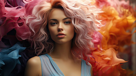 Beautiful woman with multi-colored hair and creative make up and hairstyle. Beauty face. Model illustration. Generative AI artの素材