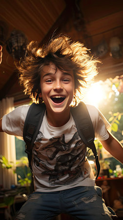 Energetic Asian mixed race boy jumping and raising hands up. People portrait illustration. Generative AI artの素材