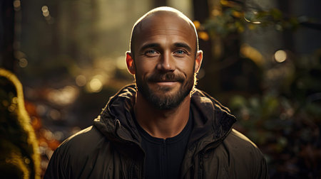 Smiling man with crossed arms over background. Model portrait illustration. Generative AI artの素材