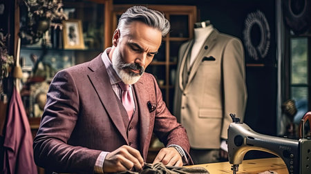 Mid section portrait of tailor fitting bespoke suit to model. Beautiful style illustration. Generative AI artの素材