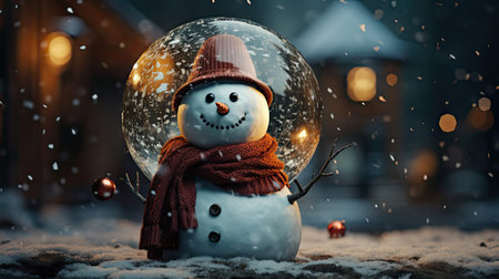 A snowstorm is present while a snowman is depicted in a glass Christmas globe. Christmas snow globe. Generative AI artの素材