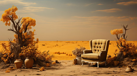 Retro interior design of living room with stylish vintage chair and table, plants, cacti, personal accessories and gold mock up poster frame on the beige wall. Elegant home decor. Generative AI artの素材