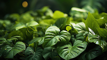 Dark green leaves of monstera or split-leaf philodendron the tropical foliage plant bush popular houseplant on background. Agriculture plants illustration. Generative AI artの素材
