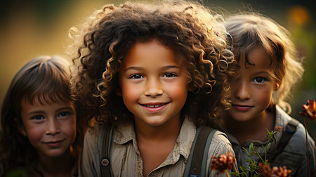 Portrait of multi-cultural children hanging out with friends in countryside together. People portrait illustration. Generative AI artの素材