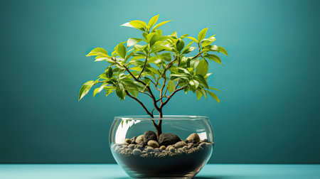 Studio image of a miniature artificial tree in a pot. Concept image for interior design or office furniture use against a background. Agriculture plants illustration. Generative AI artの素材