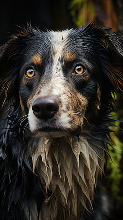 Skeptic sad border collie dog thinking &amp; dont know what to do in park looks depressed. Homeless witty dog sad eyes thinking - look side. Sad emotion illustration. Generative AI artの素材