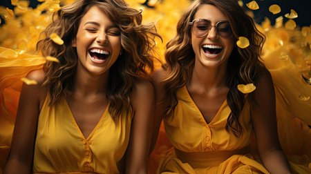 Two young beautiful smiling brunette hipster female in trendy summer clothes. Carefree women posing near yellow wall in studio. Positive models having fun. Model illustration. Generative AI artの素材