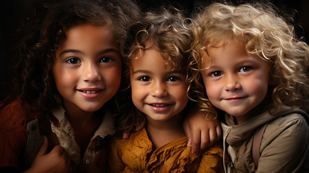 Bunch of cheerful joyful cute little children playing together and having fun. Group portrait of happy kids huddling, looking down at camera and smiling. Generative AI artの素材
